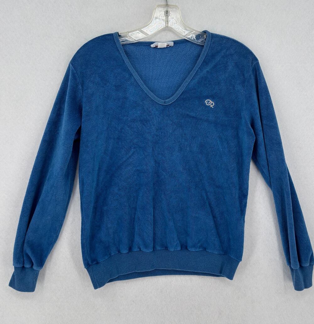 Vintage Oscar de la Renta Royal Blue Velour V Neck Long Sleeve Top Sz M